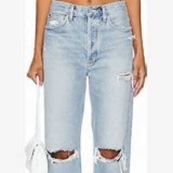 AGOLDE 90'S MIDRISE SIZE 26 MEDIUM COLOR DENIM DISTRESSED AT KNEES AND REAR - Picture 3 of 6